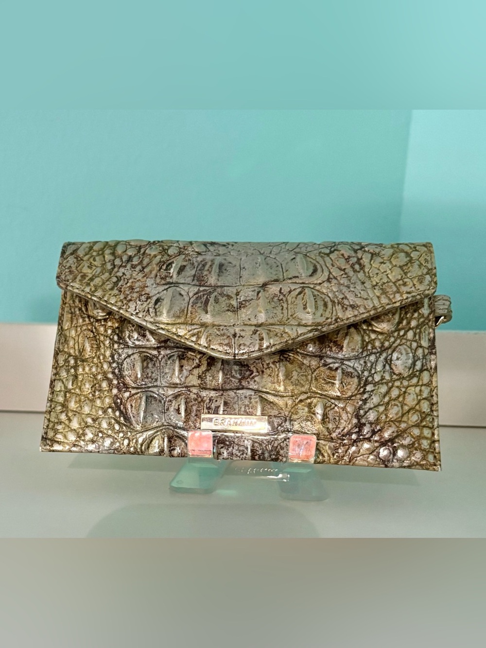Brahmin Symphony Metallic Croc-Embossed Mini Envelope Clutch in Gold